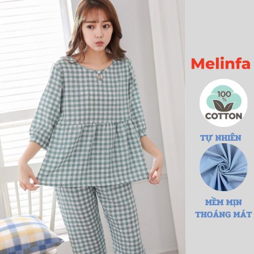 Bộ đồ ngủ nữ, bộ Pyjamas mặc nhà nữ cổ tròn tay lửng, quần dài chất cotton lụa tự nhiên phong cách trẻ trung mã VABD0197