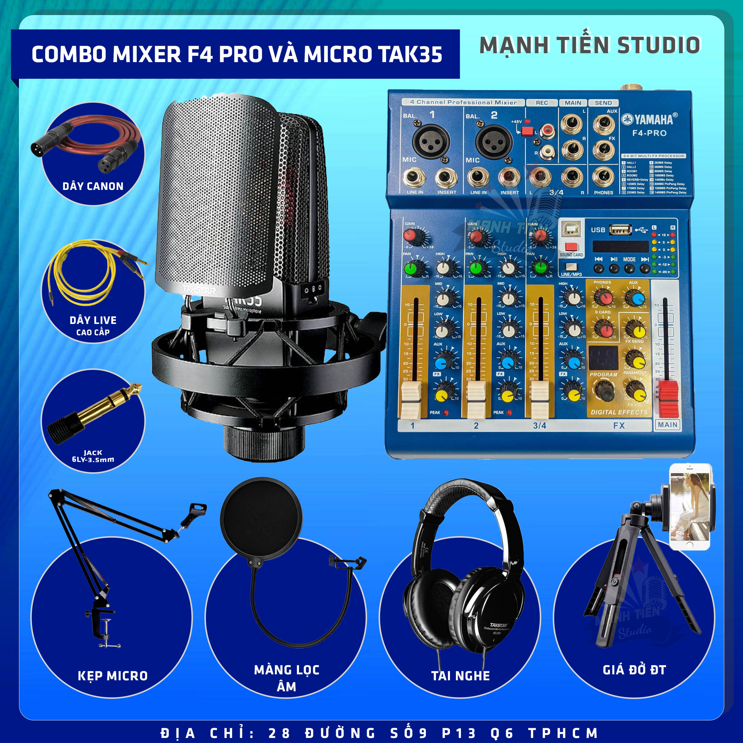 Combo thu âm, livestream Micro TakStar TAK35, Mixer Yamaha F4 Pro - Kèm full phụ kiện tai nghe kiểm âm Takstar HD2000, kẹp micro, màng lọc, dây canon, dây livestream, giá đỡ ĐT - Hỗ trợ thu âm, karaoke online chuyên nghiệp - Hàng nhập khẩu