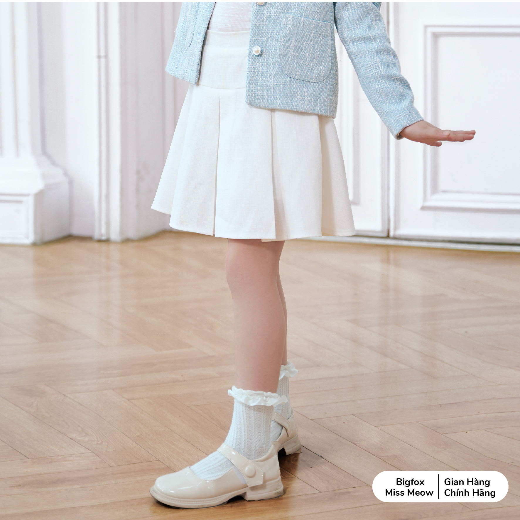 Chân váy bé gái xếp ly BIGFOX MISS MEOW màu trắng vải dạ tweed 2 lớp mùa thu đông size đại kiểu Hàn cỡ 6-11 tuổi 2005