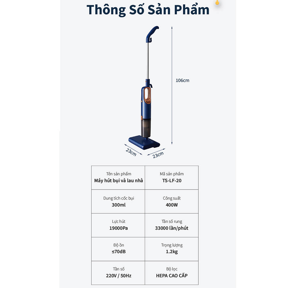 Máy hút bụi và lau sàn 2 trong 1 Tsuki TS-LF20 sử dụng công nghệ HEPA lọc sạch bụi mịn - Hàng chính hãng