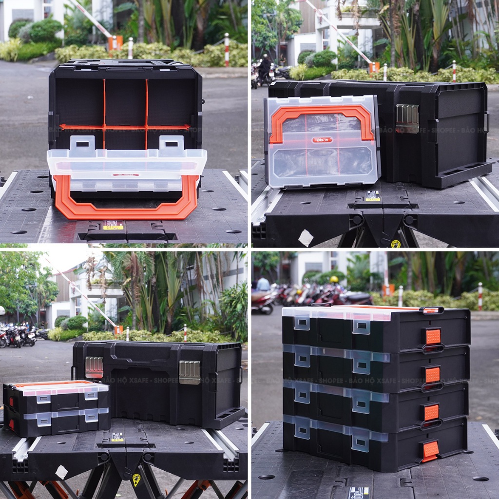 Hộp đựng đồ nghề 3IN1 Bison kích thước 21inch, nhựa PP nguyên sinh chống va đập, 2 hộp nhỏ đựng linh kiện bên hông