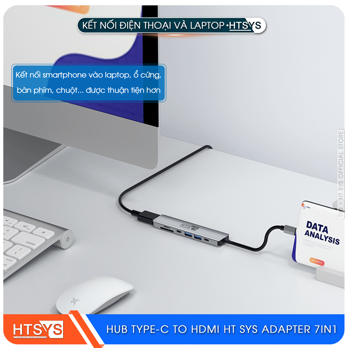 Hub Type C HT SYS 7 in 1 To HDMI, USB 3.0, SD, TF, USB C, PD 100W - Hàng Chính Hãng
