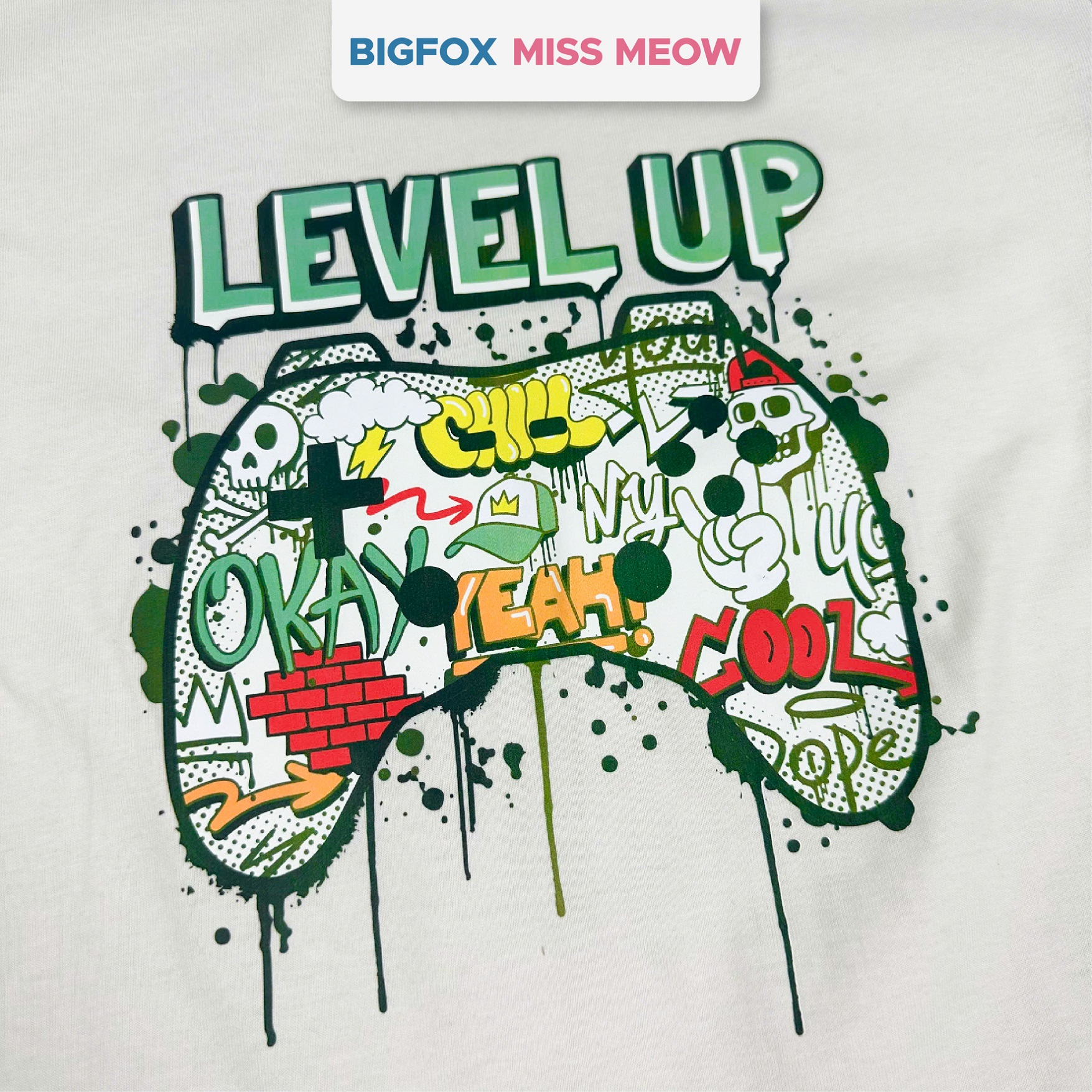 Bộ cotton bé trai size đại Bigfox Miss Meow mùa hè cộc tay in đẹp 12,13,14,15 tuổi 40kg 50kg