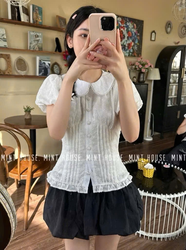 Áo sơ mi ren hoa cổ sen cao cấp-Áo sơ mi kiểu