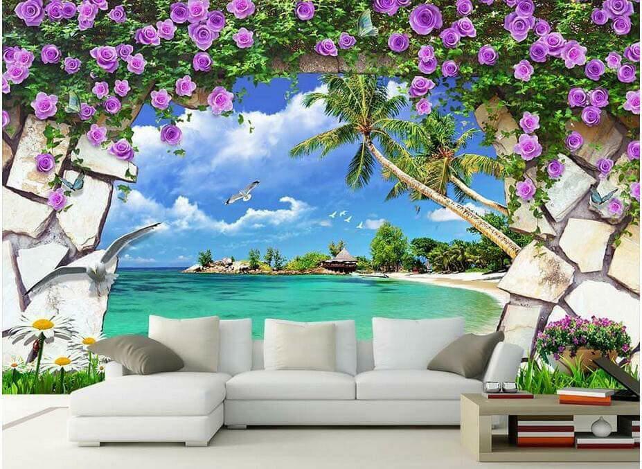 Tranh dán tường 3d tranh trang trí giàn hoa tím có sẵn keo