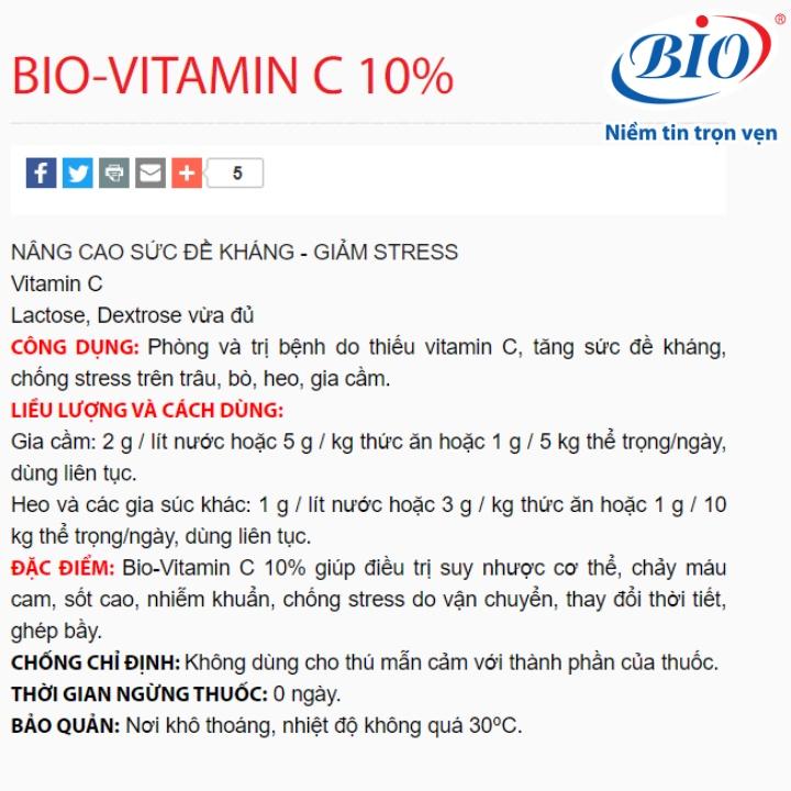 Bio Vitamin C10%, Tăng sức đề kháng, giảm stress nhiệt, phòng suy nhược cơ thể cho gia sức gia cầm, gói 100gr