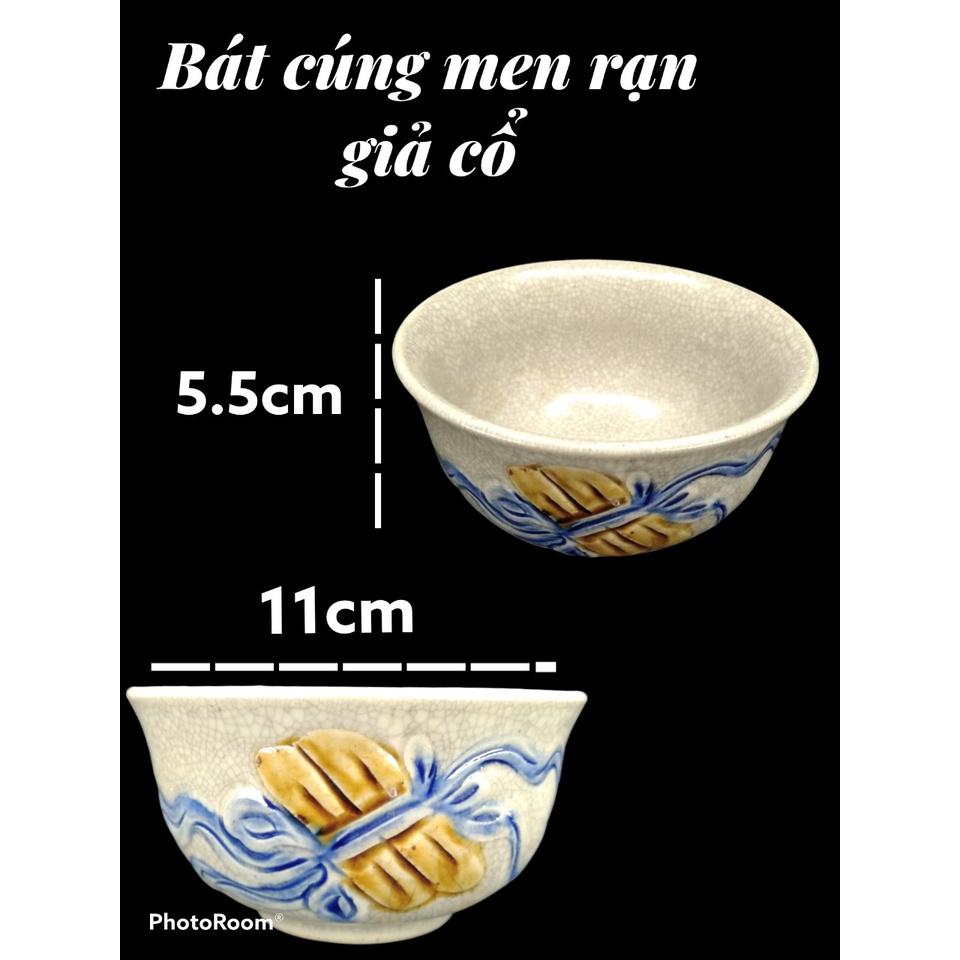 Bộ đồ thờ sứ Bát Tràng đắp nổi 3D men rạn giả cổ (Bát cơm, chóe nước, kỷ 3 chén, đèn dầu, chân nến