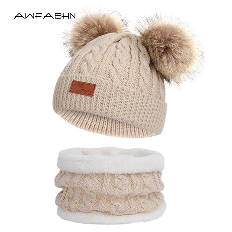 Trẻ Em Beanies Nón Cho Bé Khăn 2 Cái Bộ Mùa Đông Bé Trai/Bé Gái Dệt Kim Nón Dễ Thương Trẻ Em Khoác Màu mũ Ấm Áp Cotton Bonnet