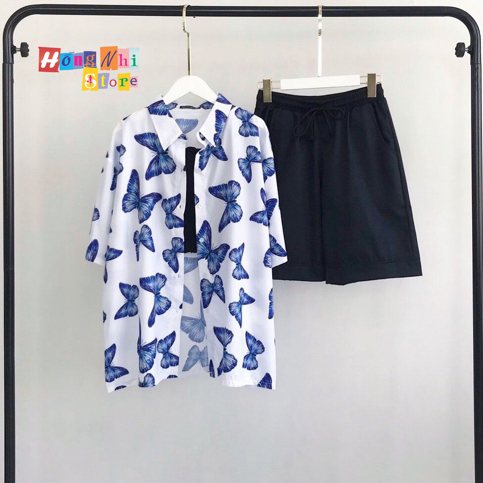 Áo sơ mi hoạ tiết tay lỡ dáng rộng,sơ mi bướm đen tay lửng unisex - mm