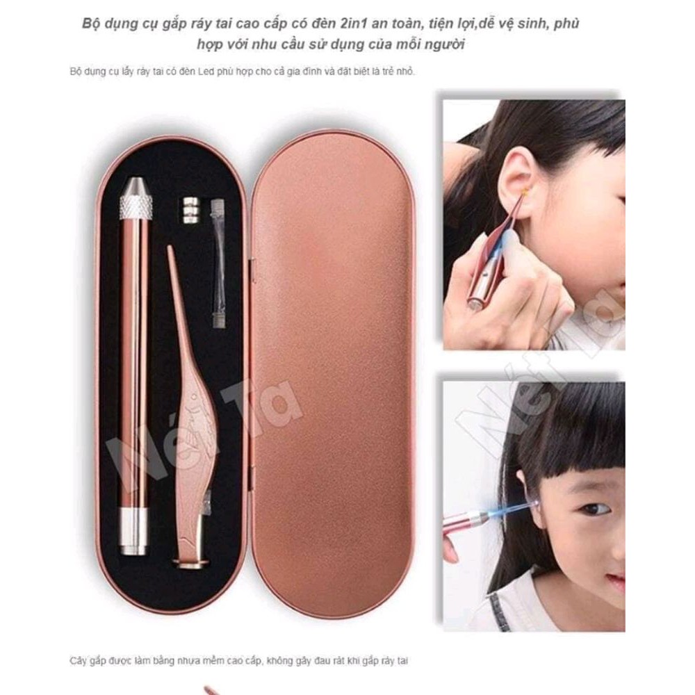Bộ dụng cụ cây ngoáy ráy tai và gắp ráy tai có đèn led tích hợp tiện dụng thông minh, đầu ngoáy bằng nhựa mềm an toàn cho trẻ em, người lớn SALE SẬP SÀN