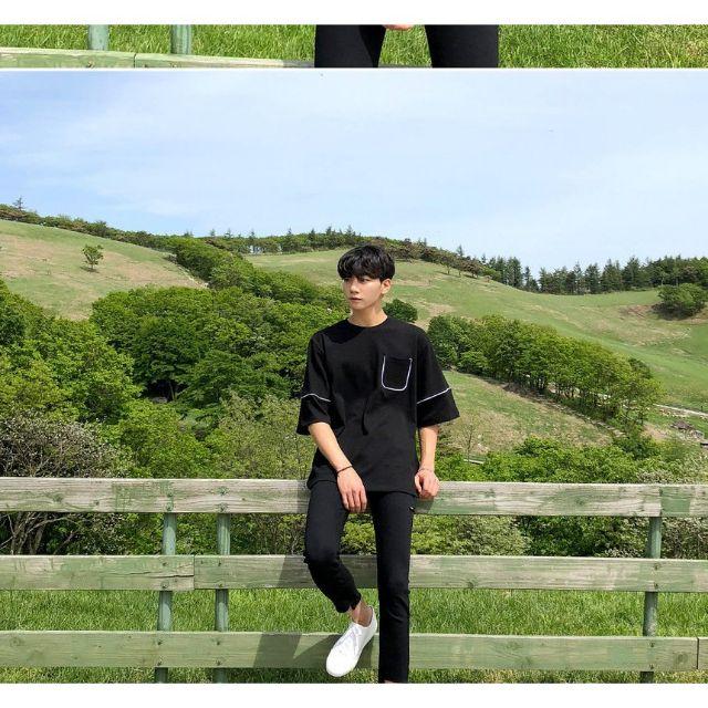 Áo tee đen basic viền trắng tay lửng form rộng unisex