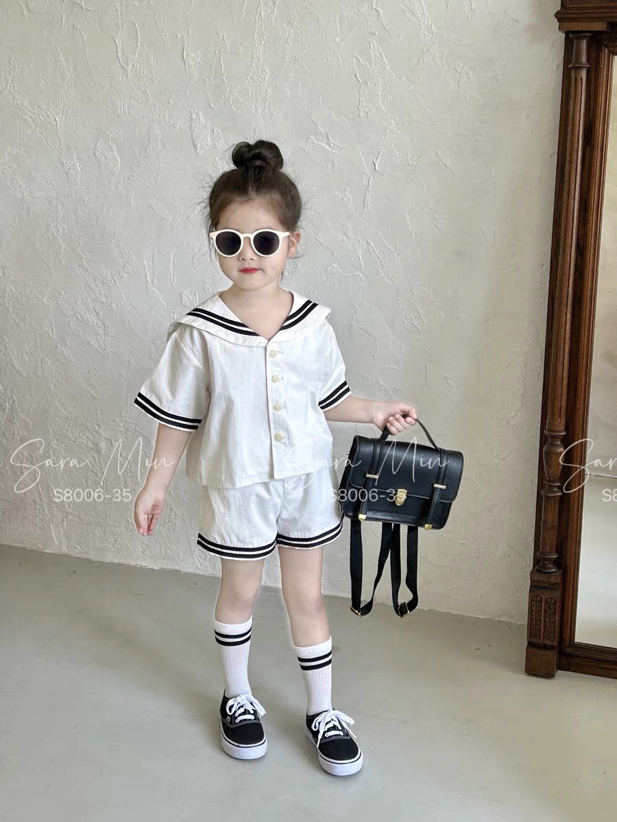 [Từ 1 đến 12 tuổi] Set bộ trắng Hải quân thô cotton mềm mịn hút mồ hôi đi học đi chơi