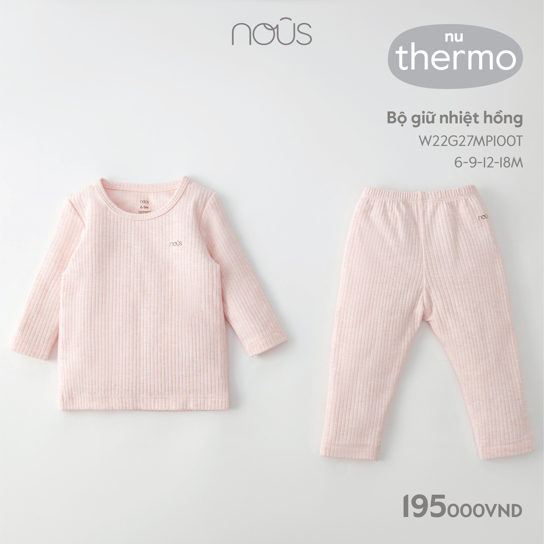 Bộ quần áo giữ nhiệt Nous hồng, xanh lá cho bé trai, bé gái chất liệu Nu thermo ( size từ 6 - 24 tháng )