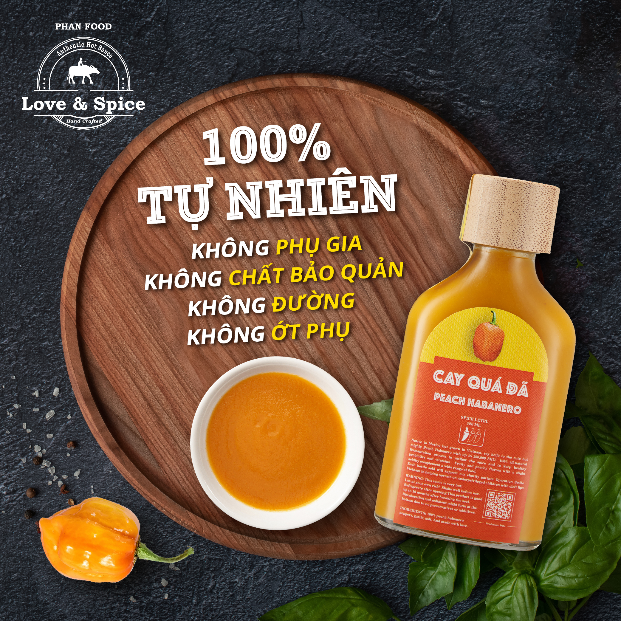 Móc khóa tương ớt siêu cay Love & Spice CAY QUÁ ĐÃ (cấp độ 1) lên men tự nhiên từ ớt Peach Habanero chai 60ml