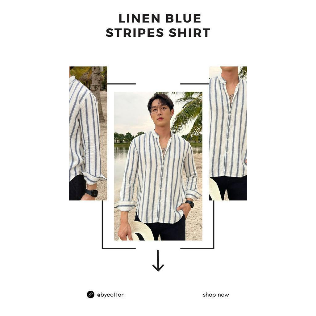 Áo Sơ Mi Nam Dài Tay Xanh Phối Sọc BY COTTON Linen Blue Stripes Shirt