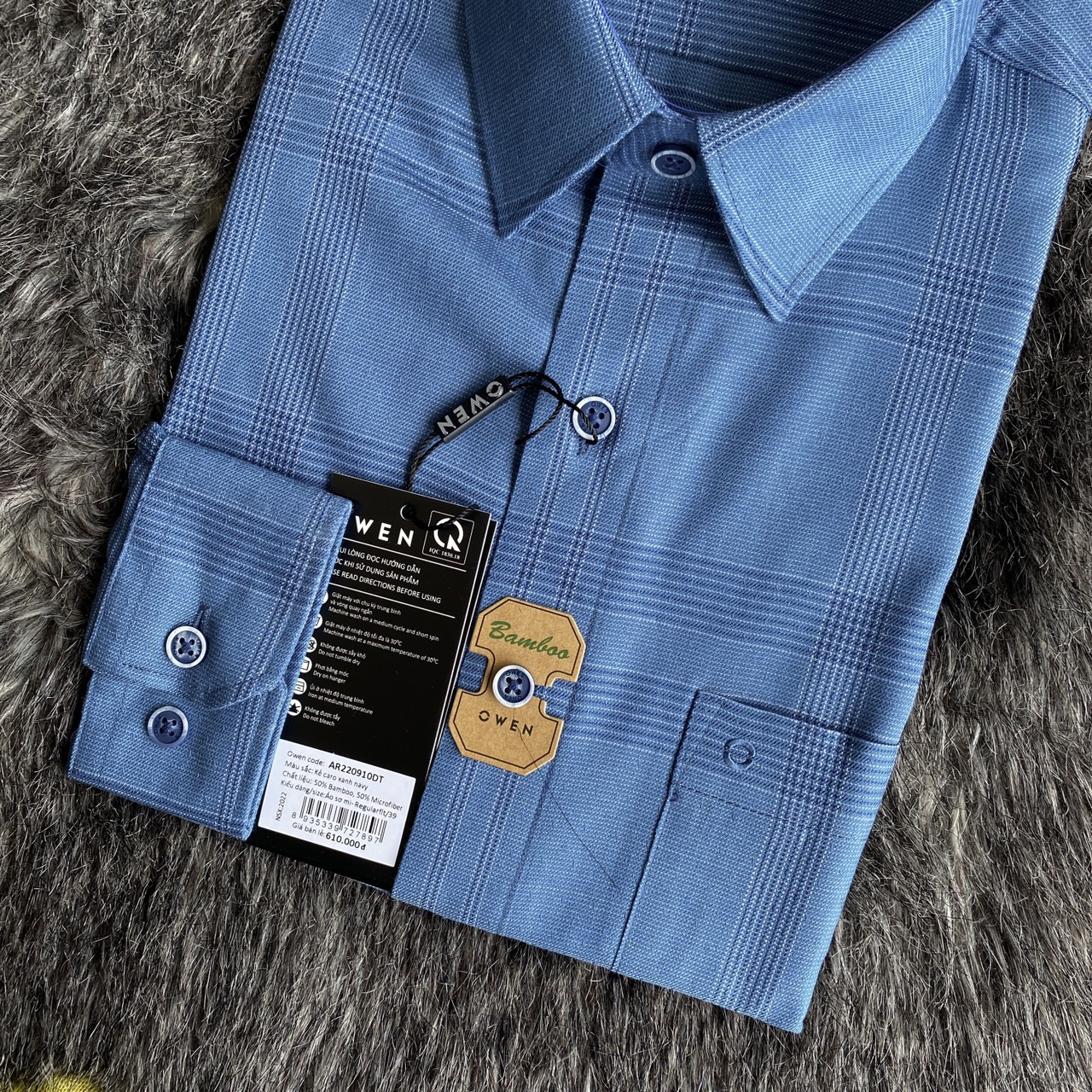 OWEN - Áo sơ mi dài tay Owen regular fit chất sợi tre kẻ ca rô xanh 220910