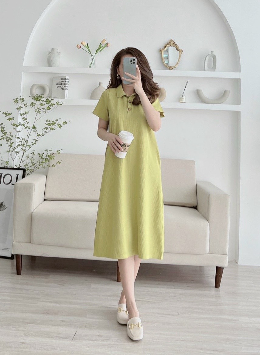 Váy Thun Xuông Cổ Polo MICHI House Đầm Suông Dáng Dài Qua Gối Freesize Vải Cotton Co Dãn Che Bầu Khuyết Điểm Tốt V436