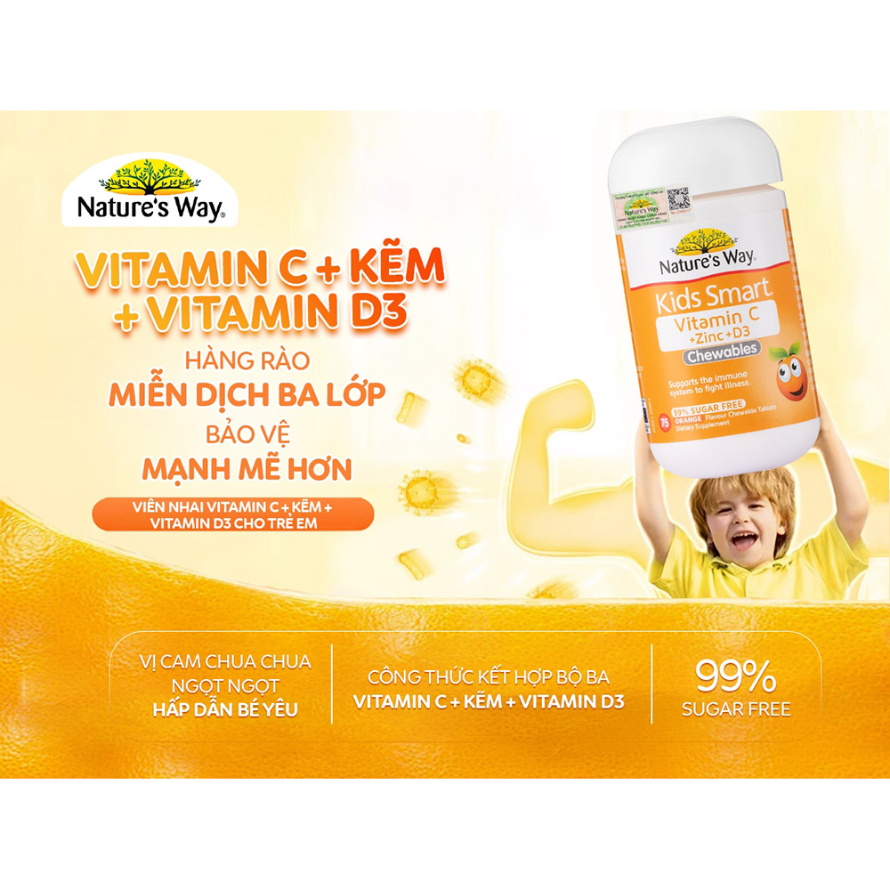 Nature’s Way Kids Smart Vitamin C + Zinc + D3 - Bổ sung Vitamin C, Vitamin D3 và Kẽm cho bé (75 viên/ Lọ)