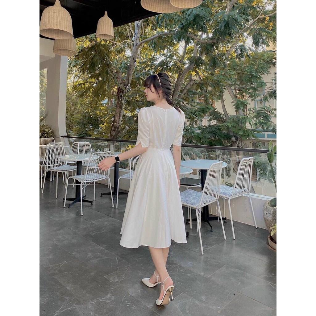 ĐẦM TRẮNG DỰ TIỆC CỔ VUÔNG PHỐI NGỰC ĐẮP KÈM MÚT NGỰC TAY LỠ DÁNG XÒE-hình thật shop chụp