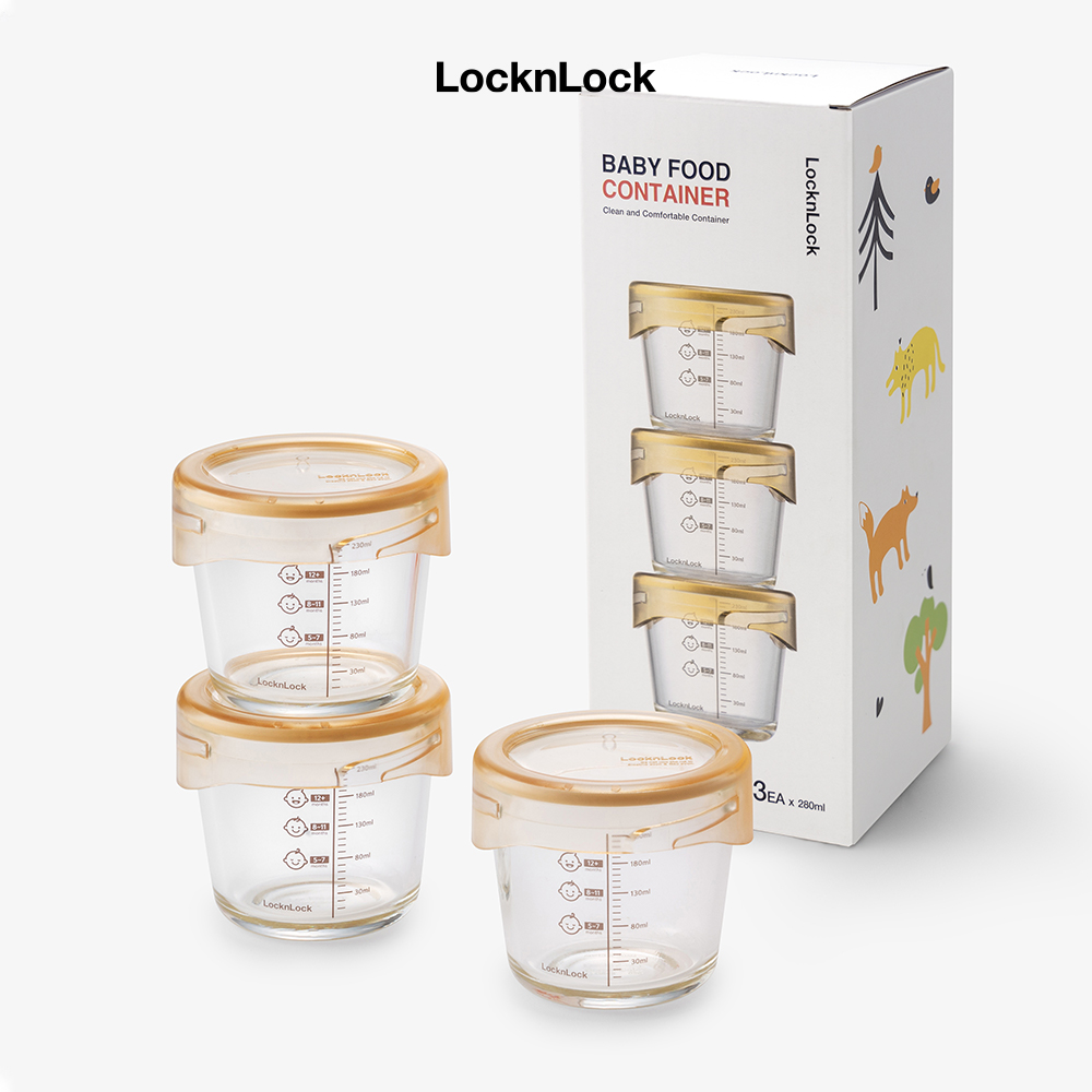 Bộ 3 hộp thủy tinh đựng thực phẩm cho bé LocknLock Baby Food container LLG542S3IVY - 280ml, Nắp vặn chống tràn, chất liệu không BPA an toàn cho trẻ em, có vạch chia - Hàng chính hãng