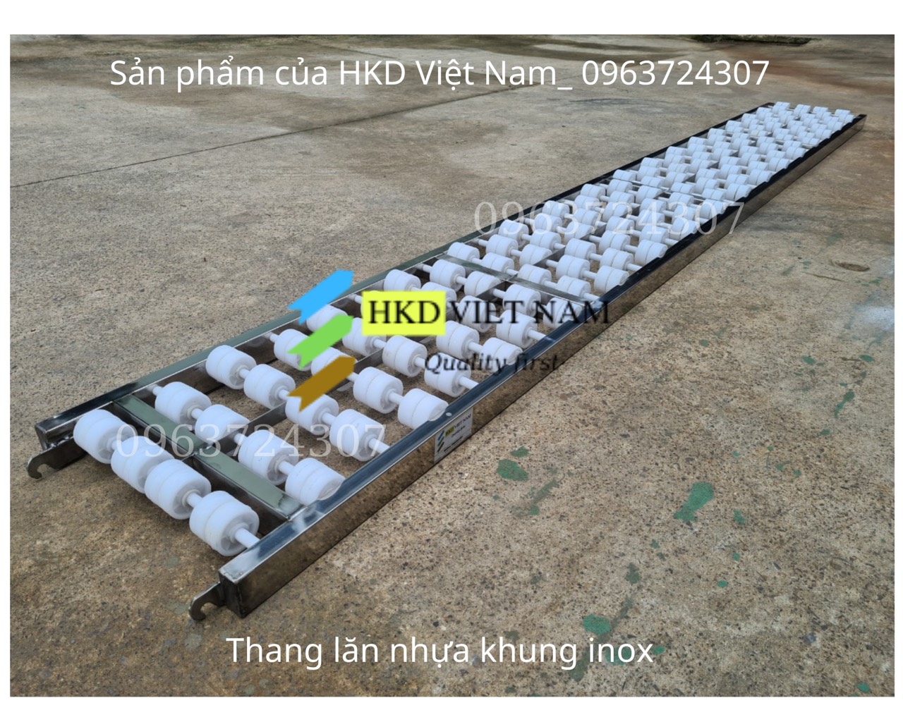 Thang con lăn nhựa - bánh đôi - khung inox 3m