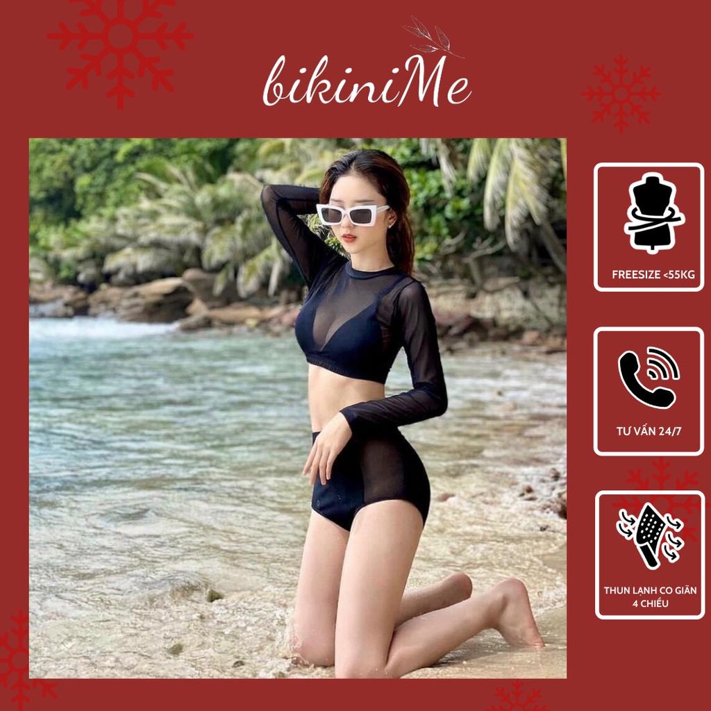 Bikini, Đồ Bơi Đi Biển Hai Mảnh Tay Dài Phối  Lưới Siêu Hot Màu Đen R28