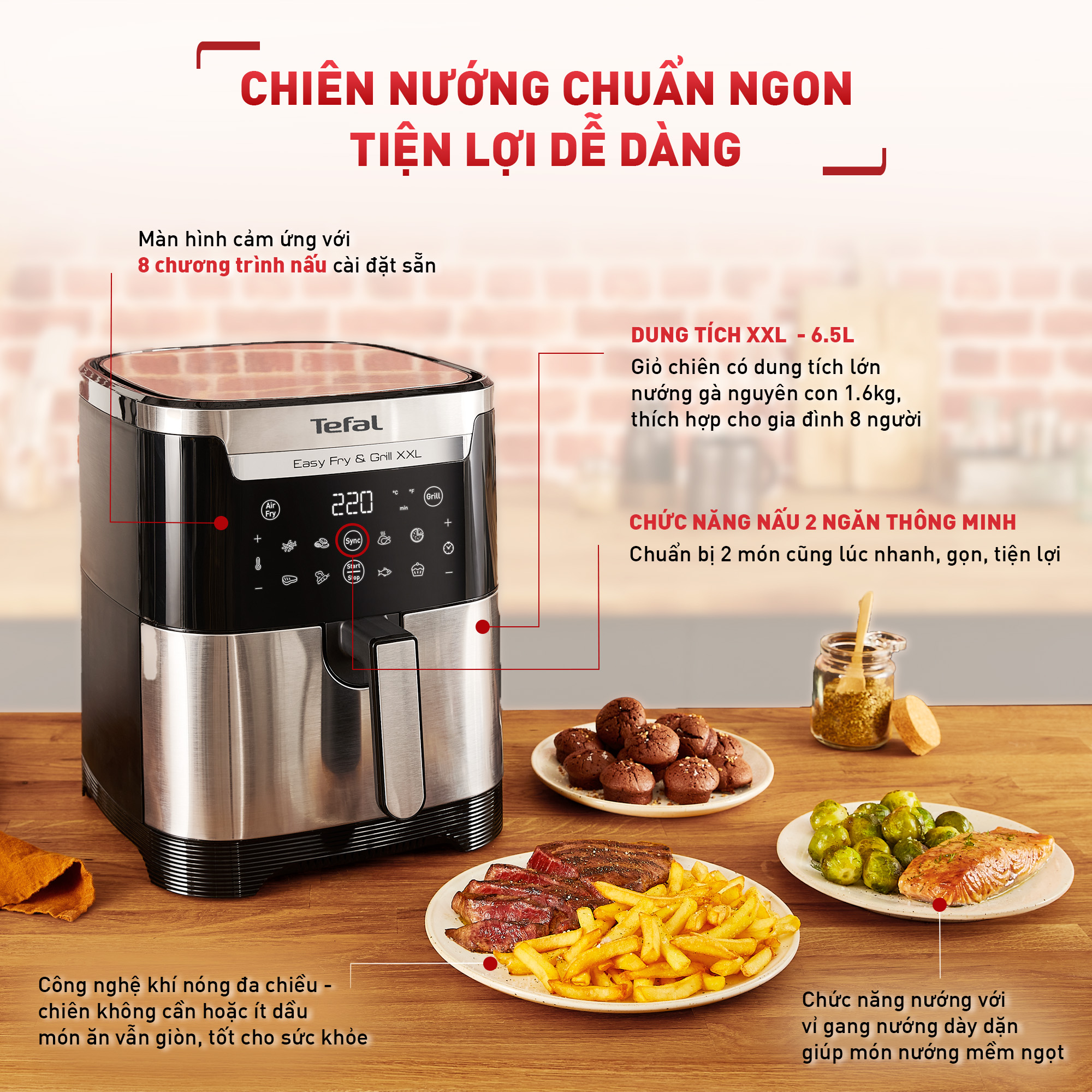 [SẢN PHẨM MỚI] Nồi chiên không dầu Tefal 2in1 Easy Fry &amp; Grill 6.5L XXL EY801D15 - Hàng chính hãng