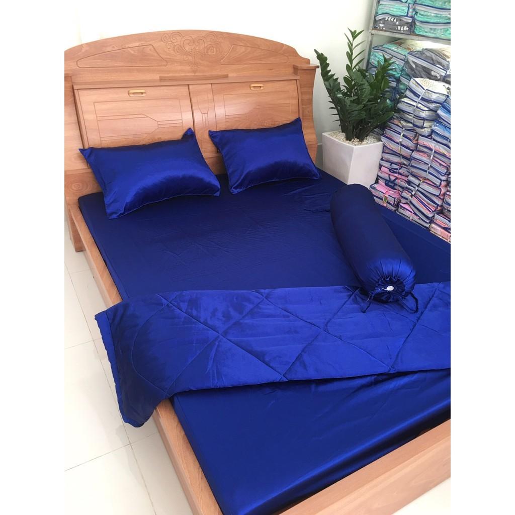 Bộ Chăn Trần Bông Ga Gối Phi Lụa 5 Món Cao Cấp Màu Xanh Biển