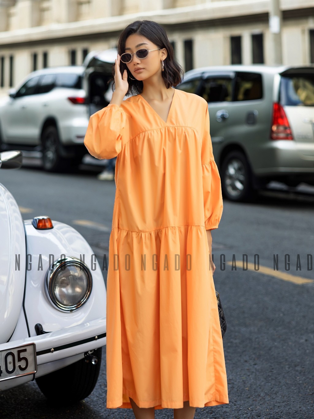Đầm babydoll cam dài tay NGADO , đầm nữ , Đầm suông , Đầm phom rộng