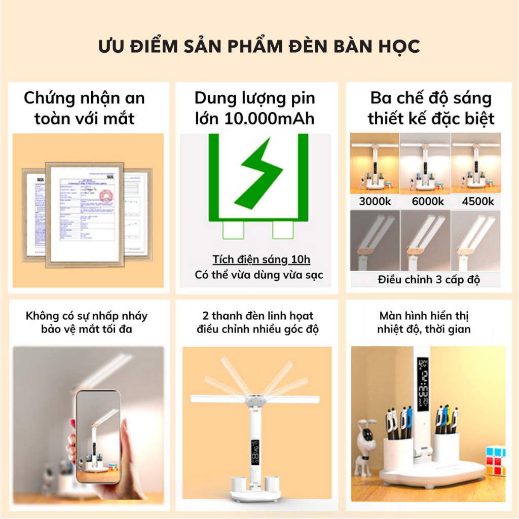 Đèn Học Chống Cận, Đèn Bàn Học 3 Màu, Chỉnh Độ Sáng, Có Đồng Hồ Phù Hợp Mọi Lứa Tuổi