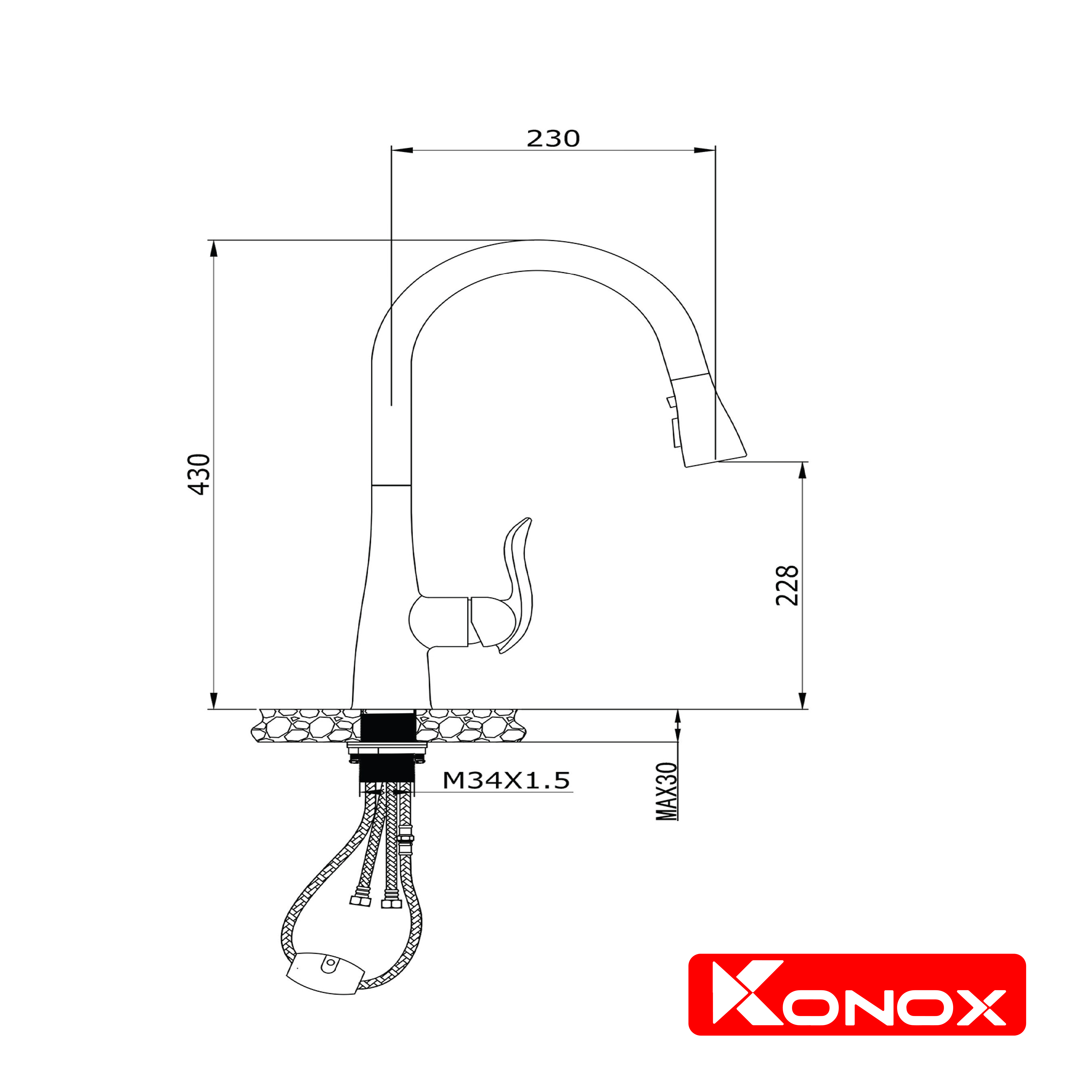 Vòi rửa bát rút dây Konox, Model KN1902, Inox 304AISI tiêu chuẩn châu Âu, mạ PVD 5 lớp sáng bóng, Hàng chính hãng