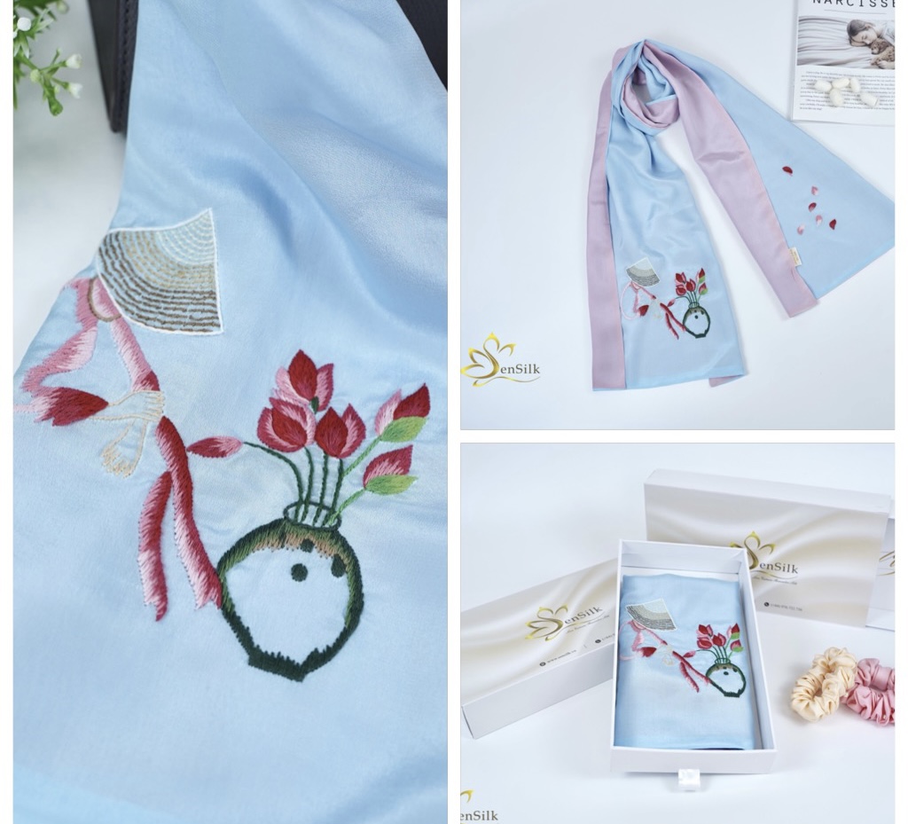 Khăn Lụa Thêu Handmade Cô Gái Nón Lá 2 Màu Sen Silk, 100% Silk Scarf Embroidery, Quà Tặng Thủ Công, Khăn Lụa Đẹp Thêu Tay