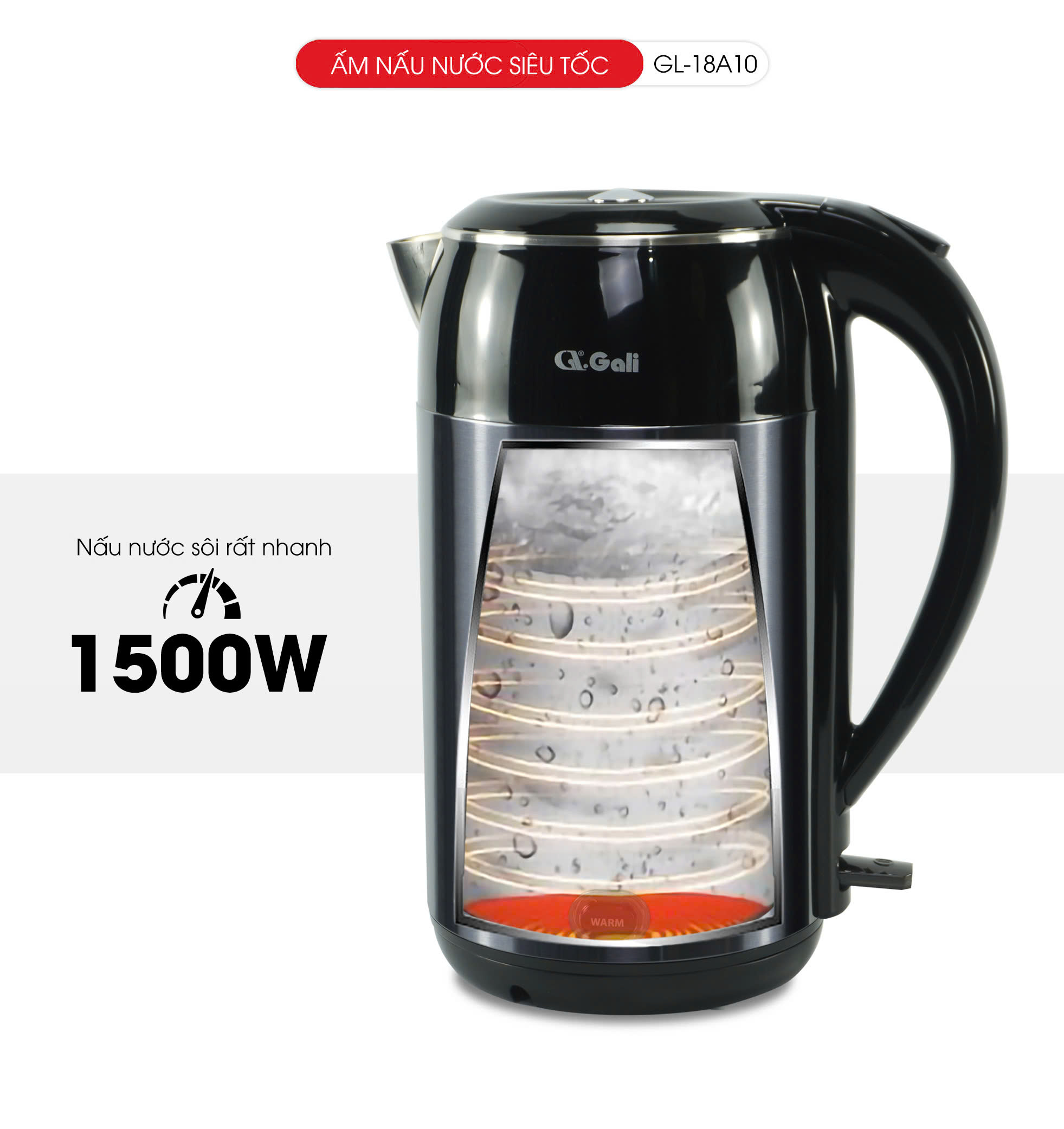 Ấm siêu tốc Gali GL-18A10 dung tích 2.2 Lít. Thiết kế 2 lớp chống nóng, giữ ấm . Hàng chính hãng, bảo hành 24 tháng