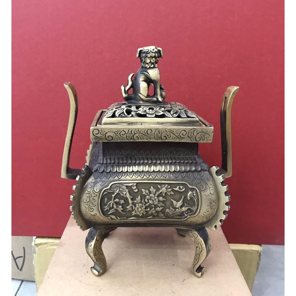 Lư xông trầm vuông nắp nghê bằng đồng MS60