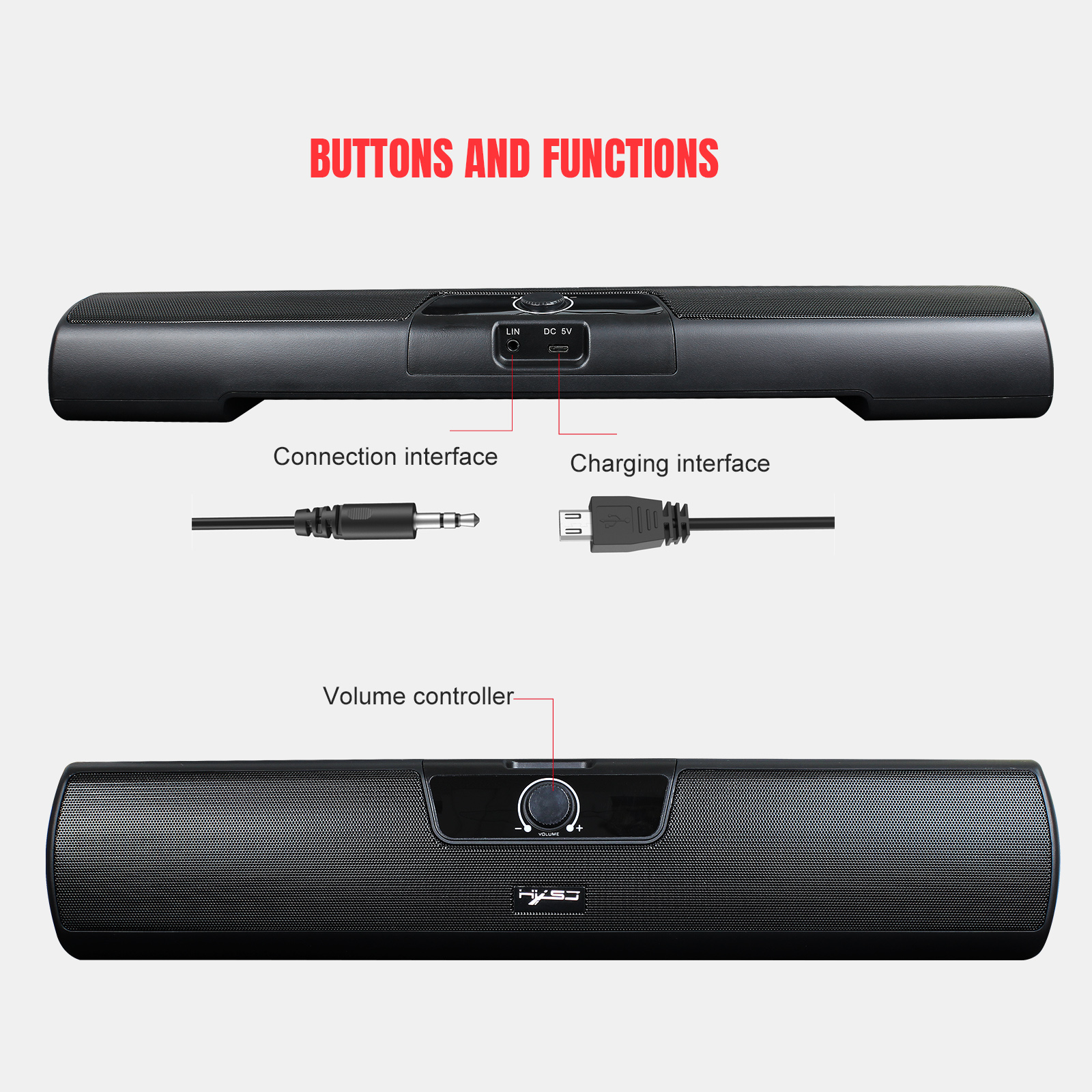 HXSJ Q3 3.5mm Wired Computer Speaker 10W Soundbar Home Theater PC Sound Bar Volume Control USB Powered for TV Laptop