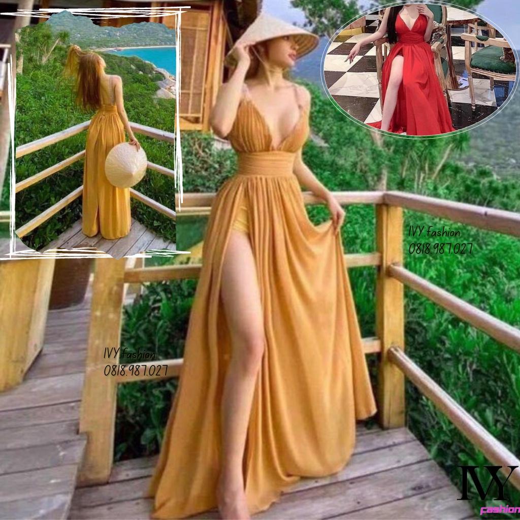 Đầm váy maxi 2s voan lót lụa xẻ tà 2 dây cổ V vàng đỏ hở lưng đi biển dự tiệc dạo phố bigsize gợi cảm sexy