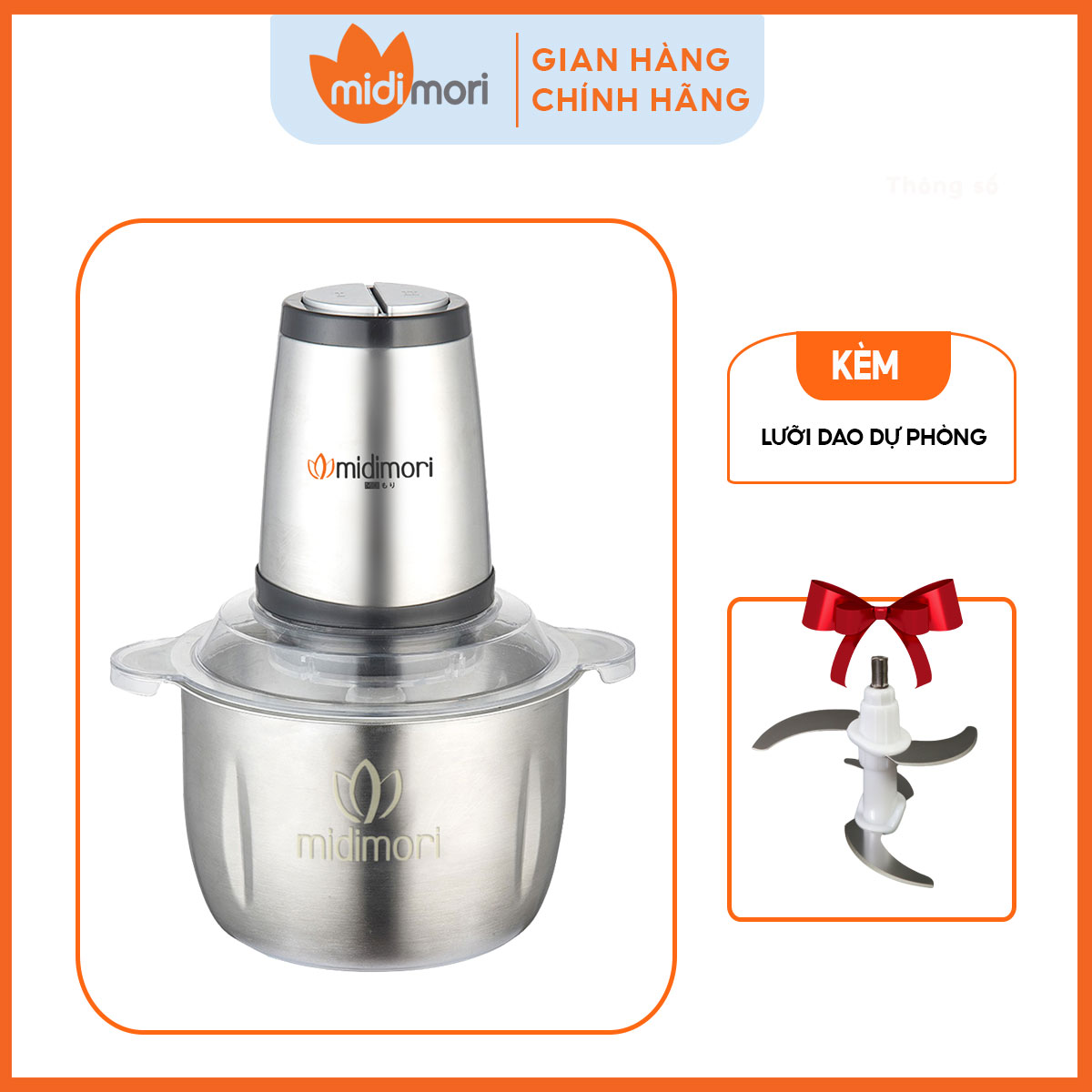 Hình ảnh Máy Xay Thịt Cối Inox 3 Lít Midimori MDMR- 800 (800W) - Tặng Kèm 1 Bộ Lưỡi Dao (4 Lưỡi) Dự Phòng - Hàng Chính Hãng