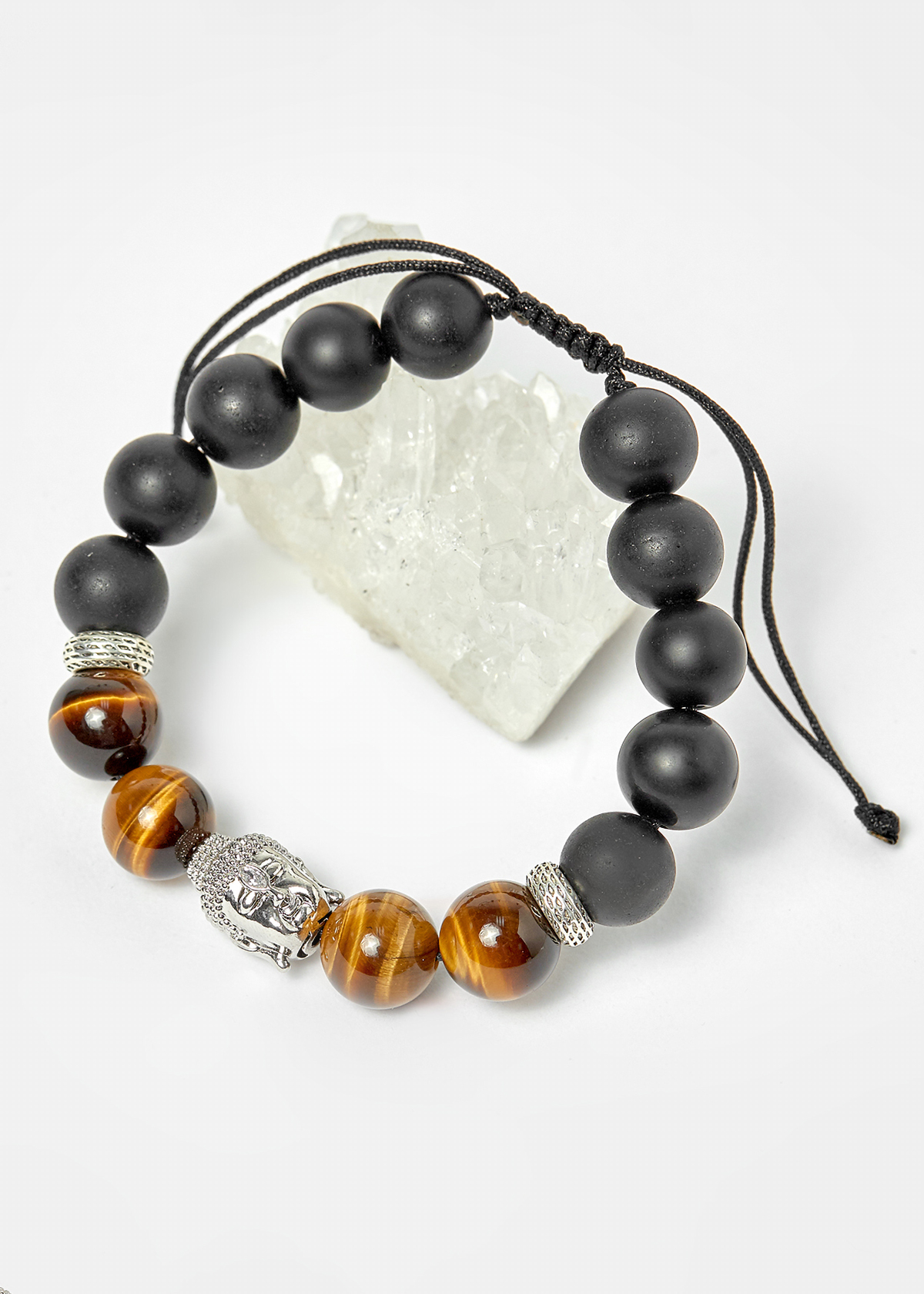 Vòng đá obsidian phối thạch anh mắt hổ vàng nâu và charm phật hạt 10mm - Ngọc Quý Gemstones