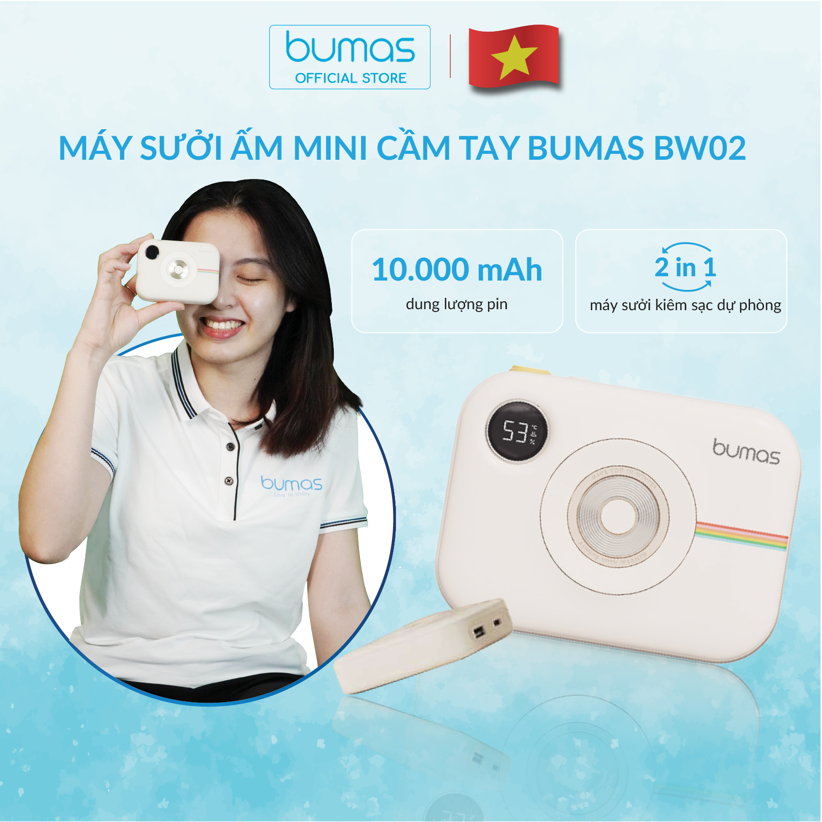 Máy Sưởi Ấm Mini Cầm Tay BUMAS BW02 - Kết Hợp Sạc Dự Phòng 10000mAh - Màn Hình Hiển Thị Nhiệt Độ Kỹ Thuật Số - Hàng Chính Hãng