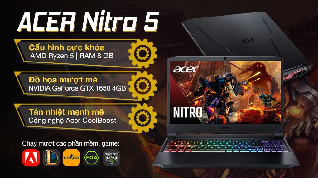 Laptop Acer Nitro 5 AN515-45-R3SM NH.QBMSV.005 (AMD R5-5600H/ 8GB DDR4 3200MHz/ 512GB SSD M.2 PCIE/ GTX 1650 4GB GDDR6/ 15.6 FHD IPS, 144Hz/ Win10) - Hàng Chính Hãng