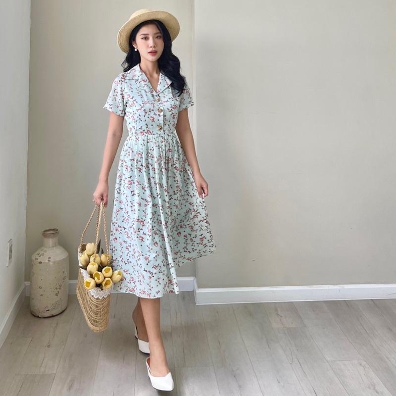 LIN DRESS Đầm hoa cổ vest xếp li nút hoa