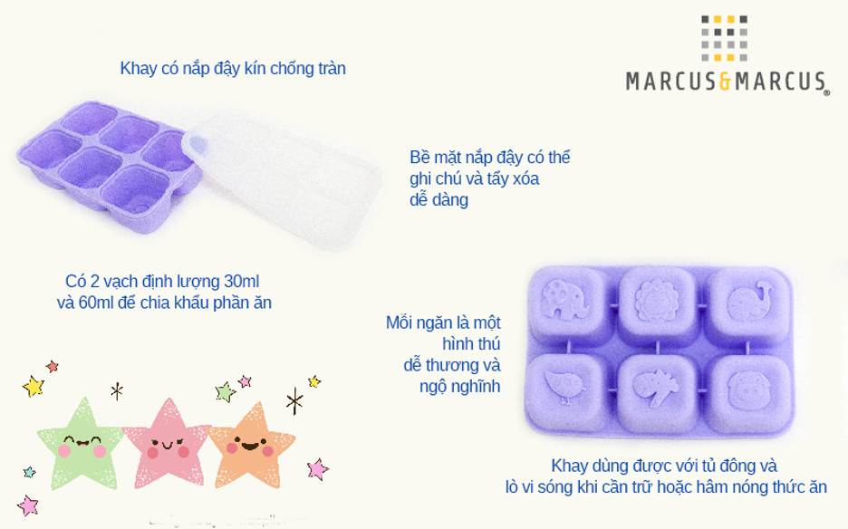 Khay silicon trữ đông đồ ăn dặm cho bé Marcus & Marcus (60ml x 6 ngăn)