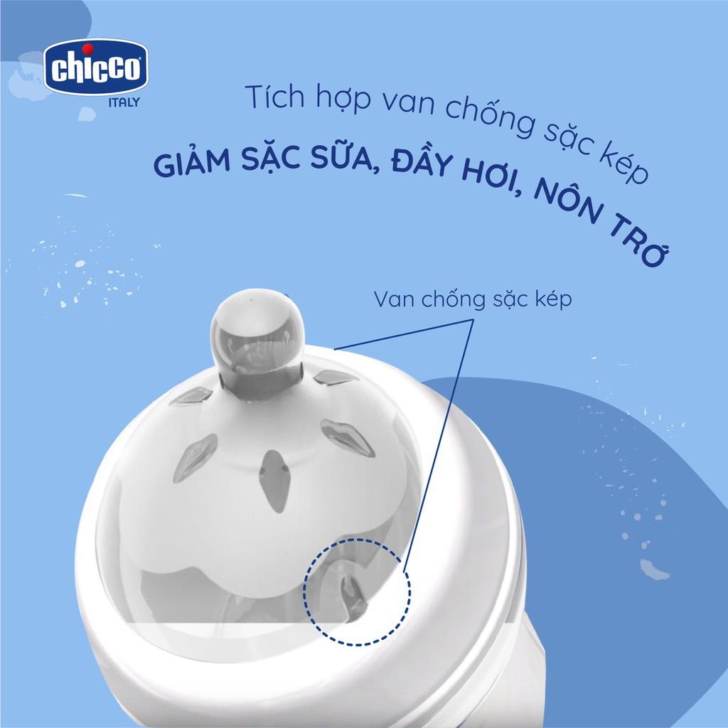 Bình sữa Chicco núm nghiêng Pisa Natural Feeling 2M+ 250ml + Hai Núm ty Chicco Natural Feeling điều chỉnh dòng chảy 4M+