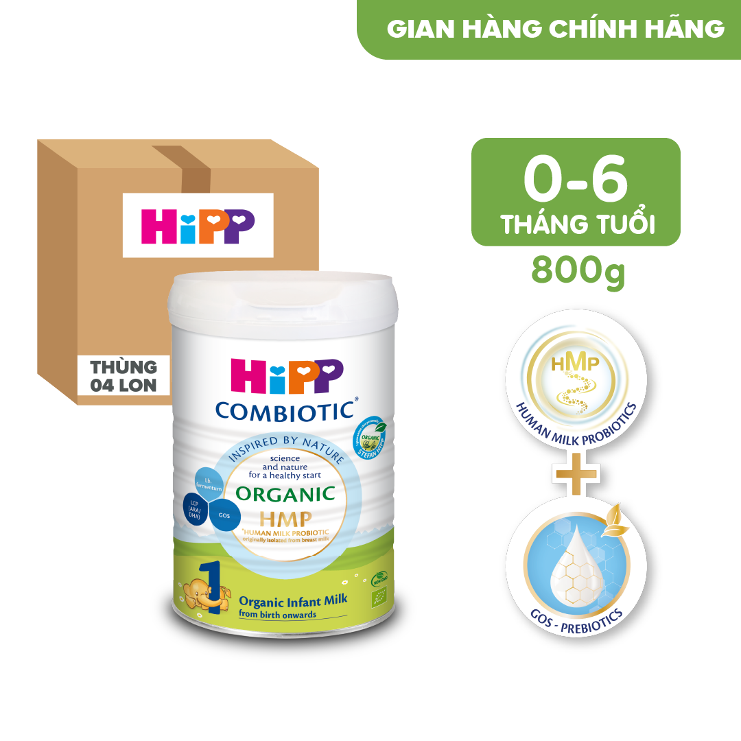 Thùng 4 lon sữa bột dinh dưỡng công thức HiPP 1 Organic Combiotic chất lượng hữu cơ, hỗ trợ, tăng cường sức khoẻ hệ miễn dịch, bổ sung omega 3,6 dành cho trẻ dưới 6 tháng tuổi