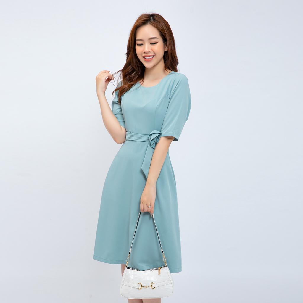 Đầm công sở trung niên AMYRA váy chữ A tay lửng eo đinh hoa xanh mint basic DA155