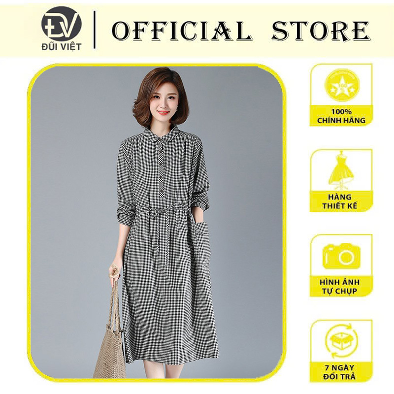 Đầm Sơ Mi Tay Dài Dáng Rộng Kẻ Sọc Caro Thời Trang, Váy Sơ Mi Thu Đông Nữ Công Sở Đũi Việt Dv187 - M