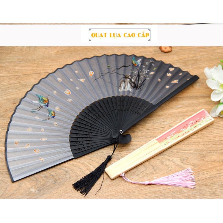 Quạt giấy vải lụa cổ trang gấp gọn cầm tay nan tre in họa tiết - chất liệu cao cấp