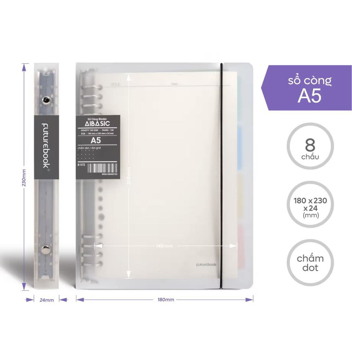 FUTUREBOOK-Sổ Còng Binder Aibasic 8Chấu A5 Kèm Ruột Giấy ReFill 120Trang–Định Lượng100Gsm–Dòng kẻ Caro_Kẻ Ngang_Chấm Dot