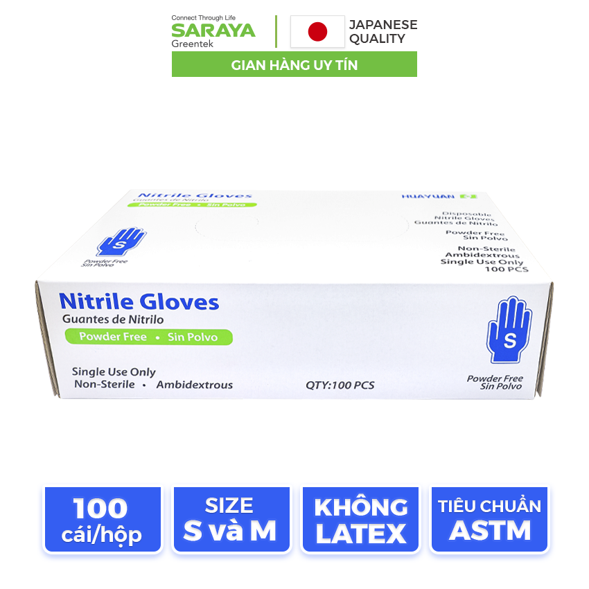 Găng Tay Cao Su Nitrile Huayan Không Bột Dùng Trong Thực Phẩm, Vệ Sinh (Huayan Disposable Nitrile Gloves) - 100 Chiếc/Hộp