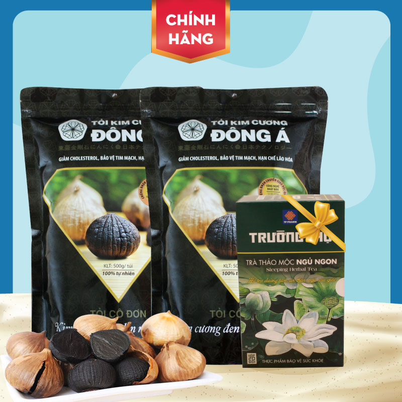 Combo 2 Túi Tỏi đen Kim cương Đông Á 500g + Tặng 01 Hộp trà ngủ ngon - Tỏi đen cô đơn SX theo công nghệ Nhật Bản, chứng nhận chất lượng bởi Intertek và Bộ Y Tế